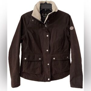 Barbour Waxed Cotton Utility Jacket Dark Brown Sz 6 Sherpa Collar Double Zip
